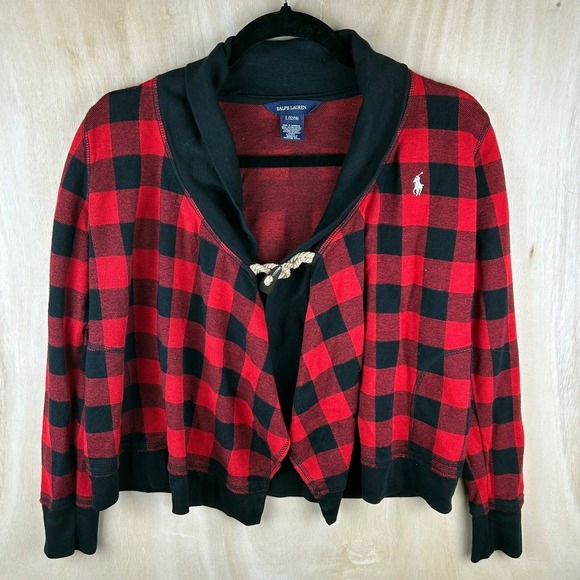 Ralph Lauren Other - Ralph Lauren Girls L 12/14 Red Black Buffalo Plaid Shawl Collar Cardigan‎